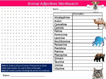 Animal Adjectives Wordsearch Sheet Starter Activity Keywords English  Language
