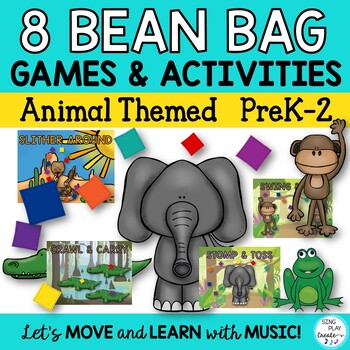 Preview of Bean Bag Games Activities Animal Theme: Music, PE, Preschool and Movement Class