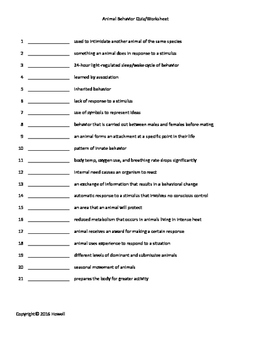 Animal Behavior Quiz/Worksheet for Biology II by Everything Science and  Beyond