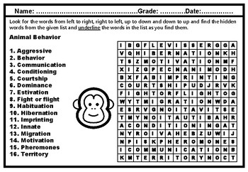 Animal Behavior Word Search Worksheet Animals Research Project Distance  Learning
