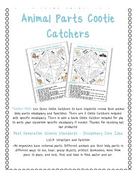 Preview of Animal Body Parts Science Vocabulary Cootie Catcher!- (Structure- Function)