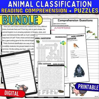 Preview of Animal Classification Reading Comprehension Puzzles,Digital & Print BUNDLE