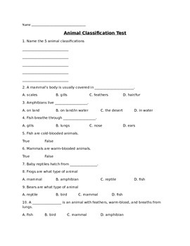 Preview of Animal Classification Test- Lower Elementary