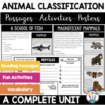 Preview of Animal Classifications Unit Sort Mammals Reptiles Amphibians Groups Worksheets