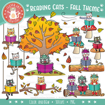 Preview of Animal Clip Art – Reading Cats – Fall Theme