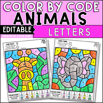 Preview of Animal Color by Letter Recognition Color by Code Editable