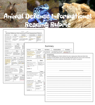 Preview of Animal Defense Informational Reading Assessment Rubric