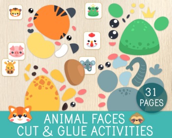 Preview of Animal Faces Cut & Glue Activities, Scissor Skills, Cutting Practice, Crafts