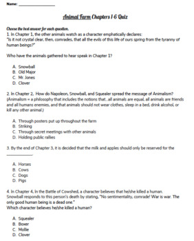 Animal Farm - Chapters 1-6 Comprehension Quiz by Emily Literature Teacher
