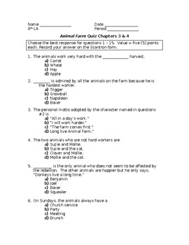Animal Farm Quiz Chapters 3 and 4 with KEY by Lonnie Jones Taylor