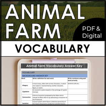Animal Farm Vocabulary Words for Each Chapter, Worksheets and Review Cards