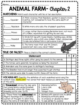 Animal Farm by George Orwell Chapter 2 Reading Comprehension Worksheet