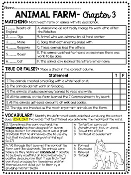 Animal Farm by George Orwell Chapter 3 Reading Comprehension Worksheet
