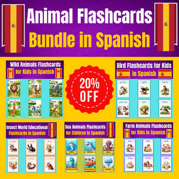 Preview of Animal Flashcards Bundle in Spanish for Kids.