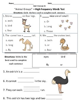 Animal Groups - Vocabulary & Comprehension Test/Quiz (Journeys) | TPT