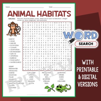 Preview of Animal and Their Habitats Word Search Puzzle Fun Vocabulary Activity Worksheet