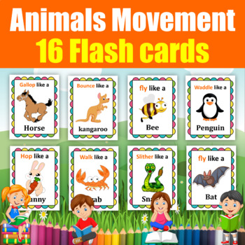 Animal Movement flash cards for K & Prek Kids to learn about animal movement