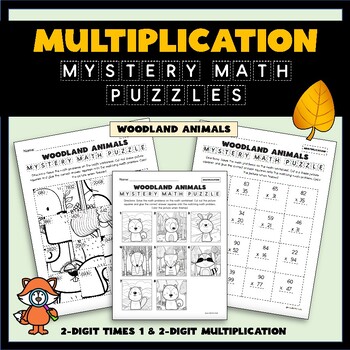 Preview of Animal Multiplication Mystery Math Puzzle Set - 2-Digit times 1 & 2-Digits