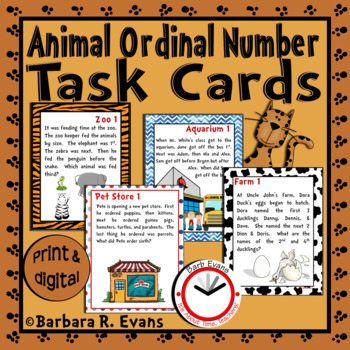 Preview of ORDINAL NUMBERS TASK CARDS Animal Theme Number Concepts Critical Thinking