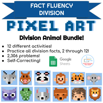 Preview of Animal Pixel Art Division Bundle | 12 Digital Independent Math Fact Sheets