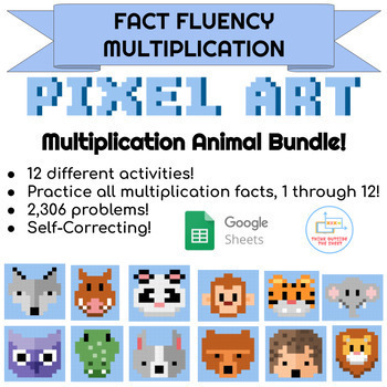 Preview of Animal Pixel Art Multiplication Bundle | 12 Digital Independent Math Fact Sheets