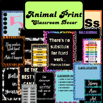 Preview of Classroom Decorations: Animal Print- Posters, Name Plates, etc.
