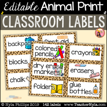 Preview of Animal Print Classroom Labels with Pictures - Editable