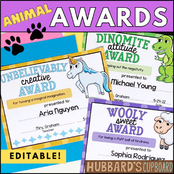 Preview of Editable End of Year Award Certificates - Student Classroom Awards - Animal Puns