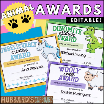 Preview of Editable End of Year Award Certificates - Student Classroom Silly Animal Awards