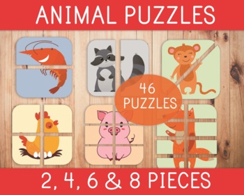 Preview of Animal Puzzles, 46 Matching Games, Printable Puzzles, 2-8 Pieces
