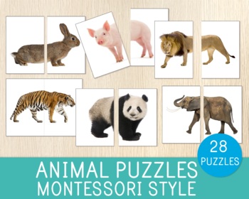 Preview of Animal Puzzles, Matching Cards, Symmetry, Montessori Style, Real Photos