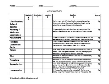 Preview of Animal Report Grading Rubric