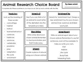Preview of Animal Research Choice Board