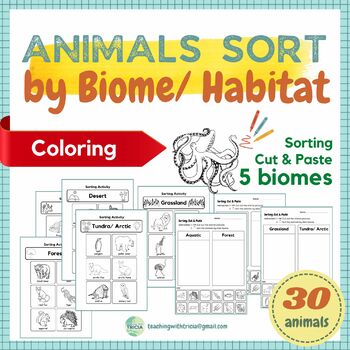 Preview of Animal Sort by Biome/Habitat- Aquatic/Forest/Grassland/Desert/Arctic (Coloring)