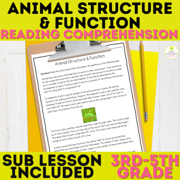 Animal Structure and Function Reading Comprehension Sub Plans Adaptations