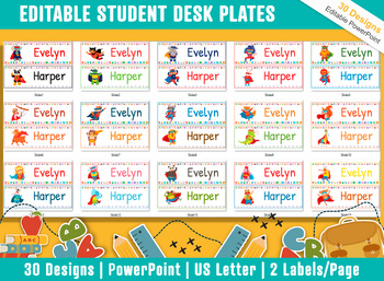 Preview of Animal Superheroes Student Desk Plates: 30 Editable Designs with PowerPoint