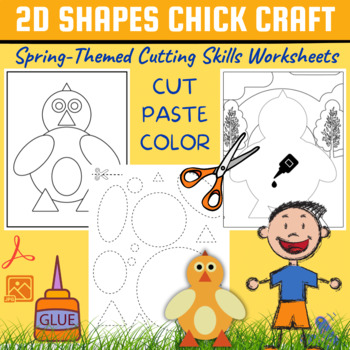 Preview of Animal Themed-Chick Cut and Stick 2D Shape Activity,Spring Activities B&W