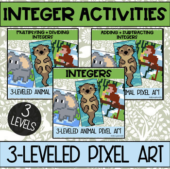 Preview of Animal Themed Integers Pixel Art BUNDLE for Middle School Math