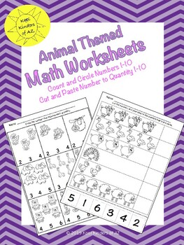 Preview of Animal Themed Numbers & Quantities 1-10 Worksheets - Print and go!