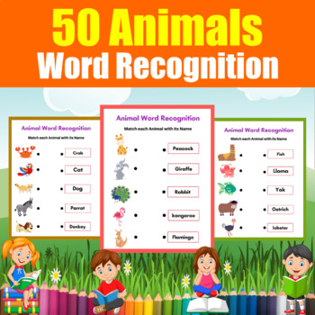 Animal Word Recognition Worksheets. 50 animals to Match words with Pictures