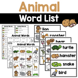 Animal Words - Writing Center Word Lists