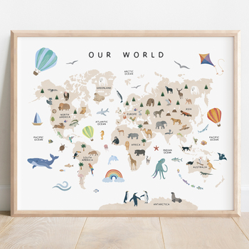 Preview of Animal World Map, Nursery Map, Safari Animals, Educational Poster, Nursery Decor
