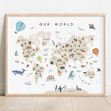 Animal World Map, Nursery Map, Safari Animals, Educational