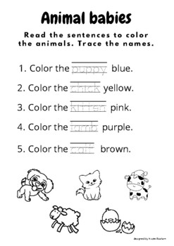 Animal babies color and trace - Kindergarten ESL worksheet by Nicole Basham