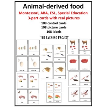 Preview of Animal-derived food Montessori, ABA, ESL, Sp. Ed 3-part cards with real photos