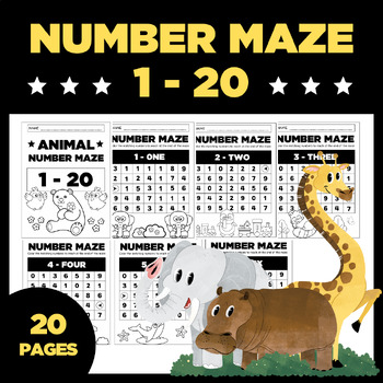 Preview of Animal number maze (1 - 20) Worksheets For kindergarten