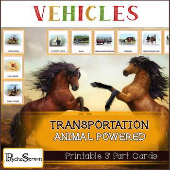 Preview of Animal-powered Transport, Montessori 3-Part Cards, Transportation, Vehicles