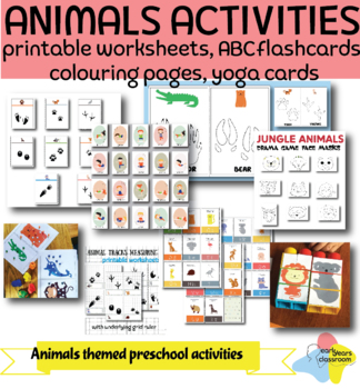 Preview of Animal themed preschool activities, worksheets, ABCflashcards, yoga cards BUNDLE