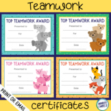 Animal themed teamwork certificates to print or use online