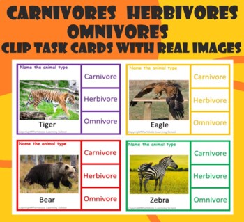 Animal types-Carnivore, Herbivore, Omnivore-Task Clip Cards with Real images